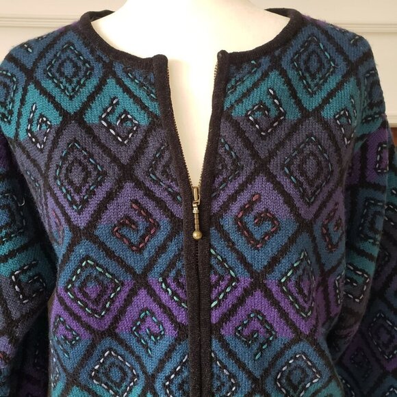 Vtg Y2K Icelandic Design Women's Wool Diamond Pattern Zip-Up Cardigan Jacket LG - Picture 15 of 16